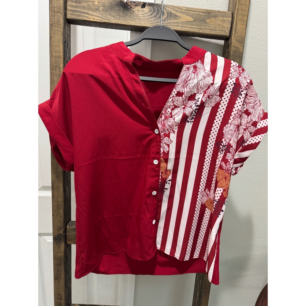 SHEIN Red Floral Striped Split Design Button Down Blouse Large US 8/10 Short Slv